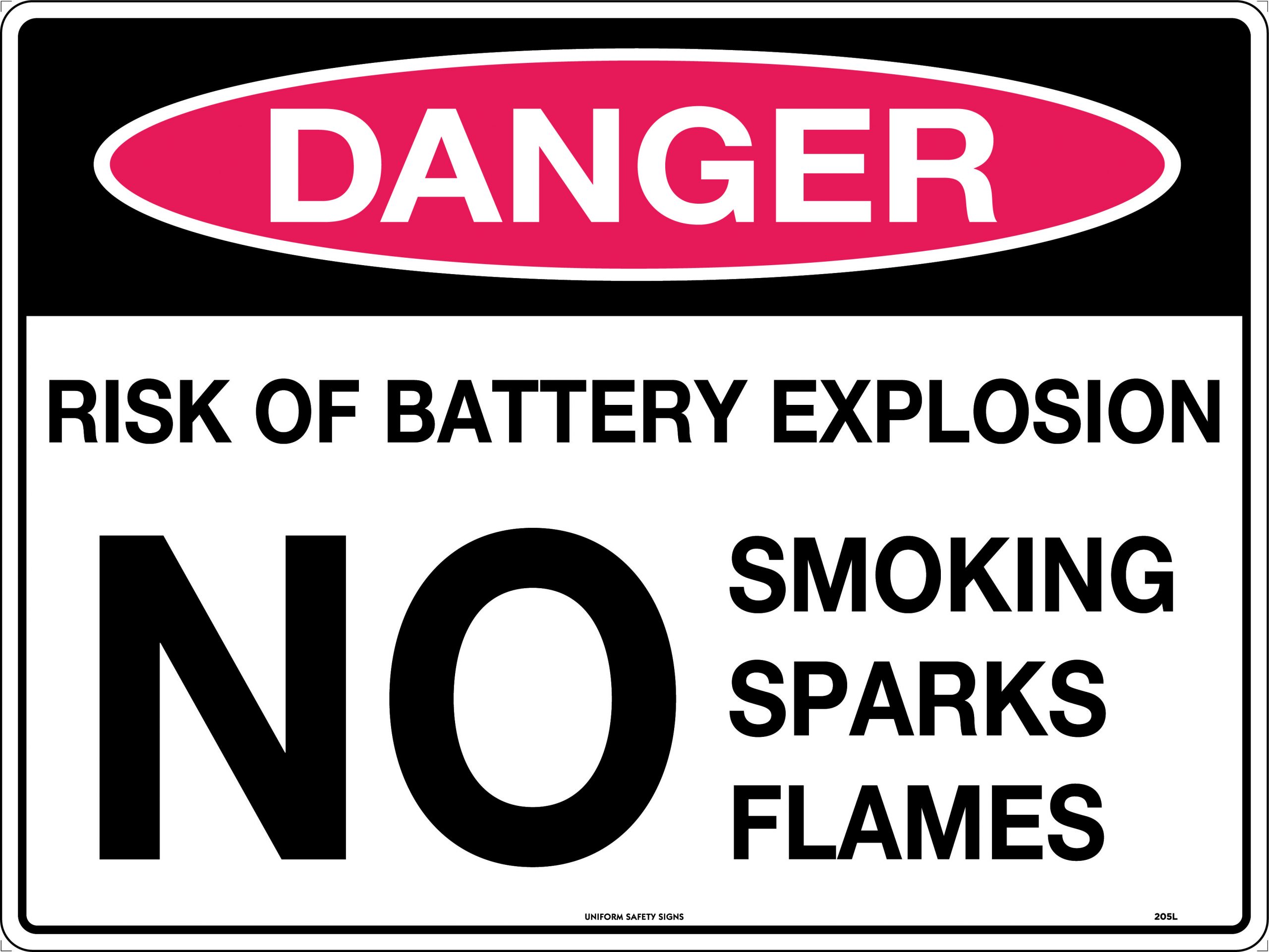 UNIFORM SAFETY 300X225MM METAL DANGER RISK OF BATT EXPLOSION NO SMOKIN