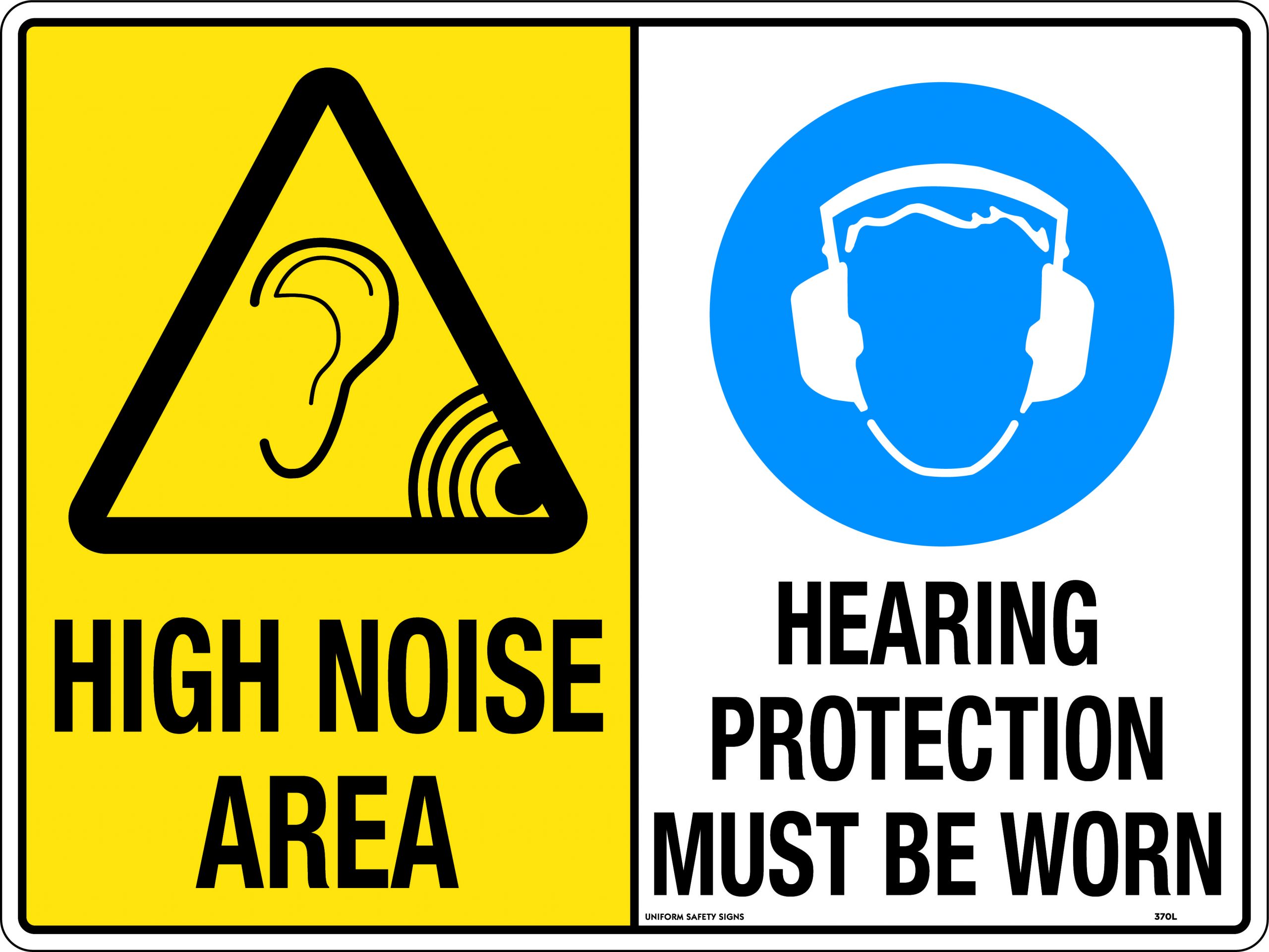 UNIFORM SAFETY 450X300MM METAL MULTI SIGN HIGH NOISE AREA / HEARING