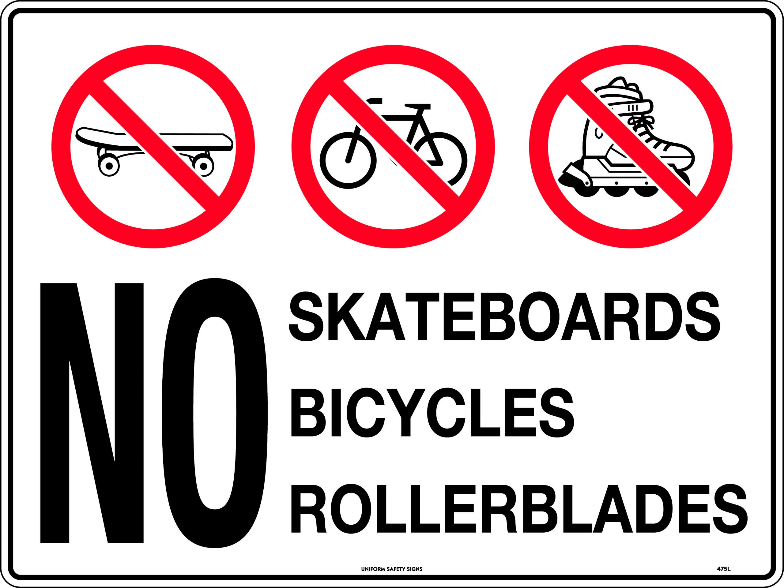 SIGN NO SKATEBOARDS ROLLERBLADES BICYCLES 600X450 METAL 235P