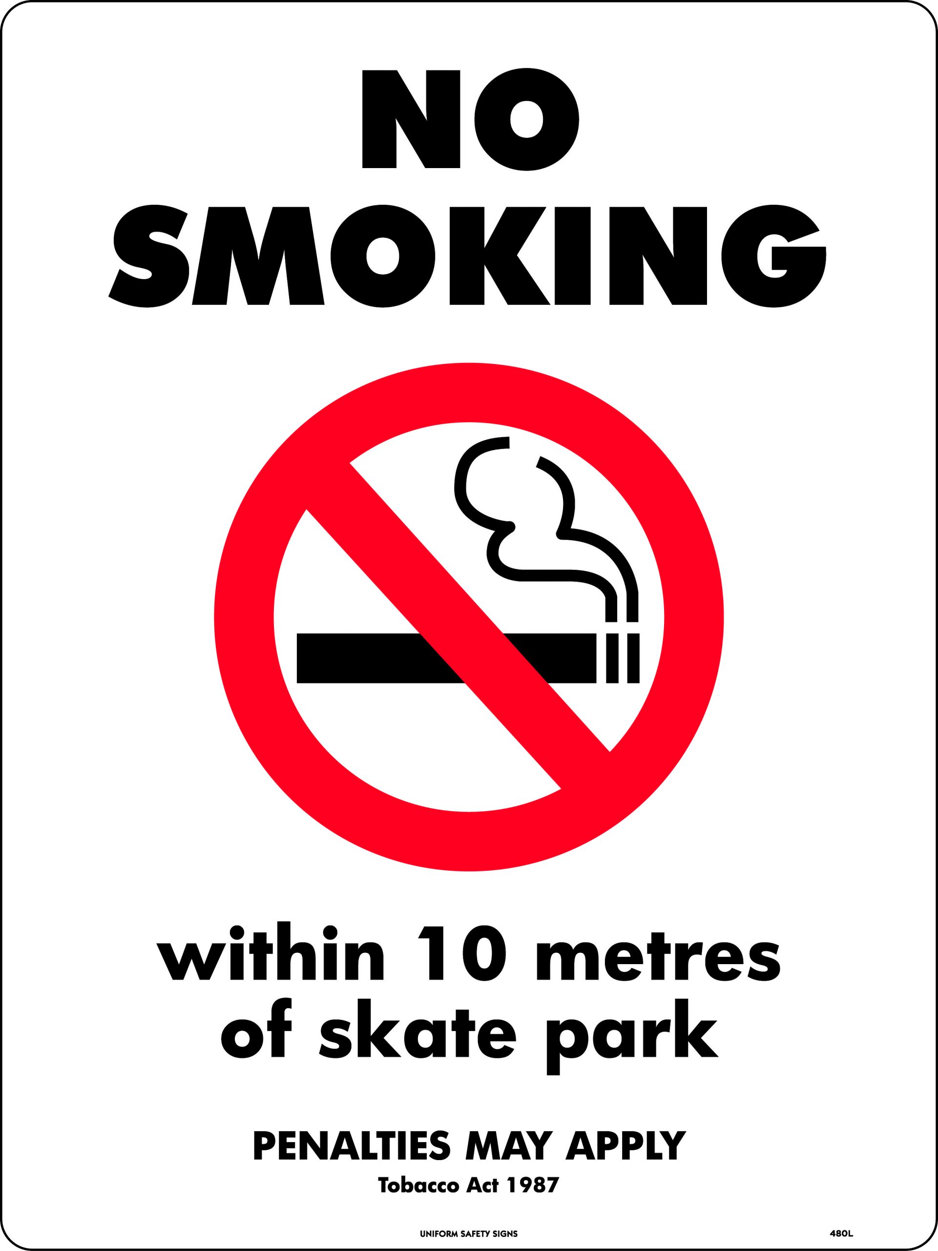 SIGN 450 X 300 METAL NO SMOKING WITHIN 10 METRES OF SKATE PARK