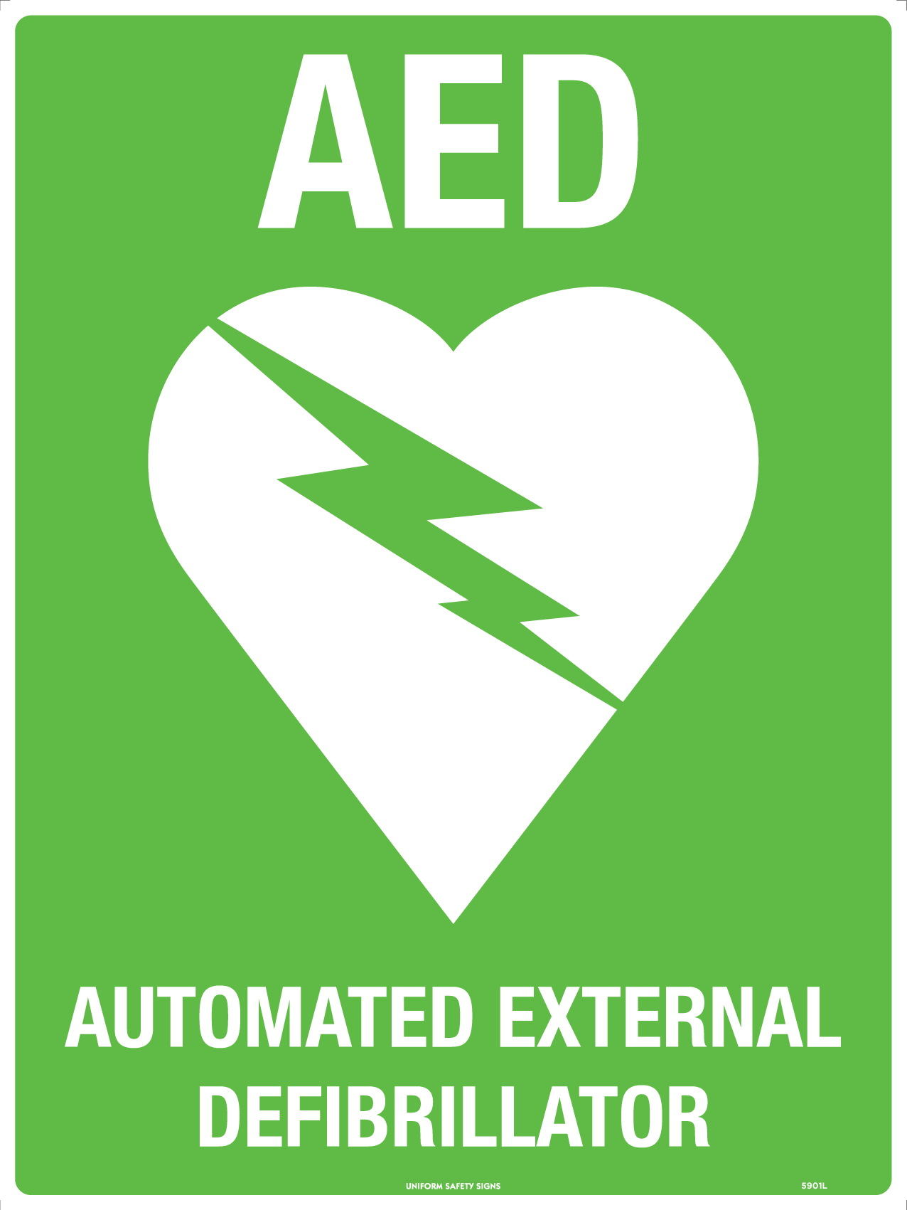 UNIFORM SAFETY 600X450MM POLY WHITE/GREEN AED WITH SYMBOL 