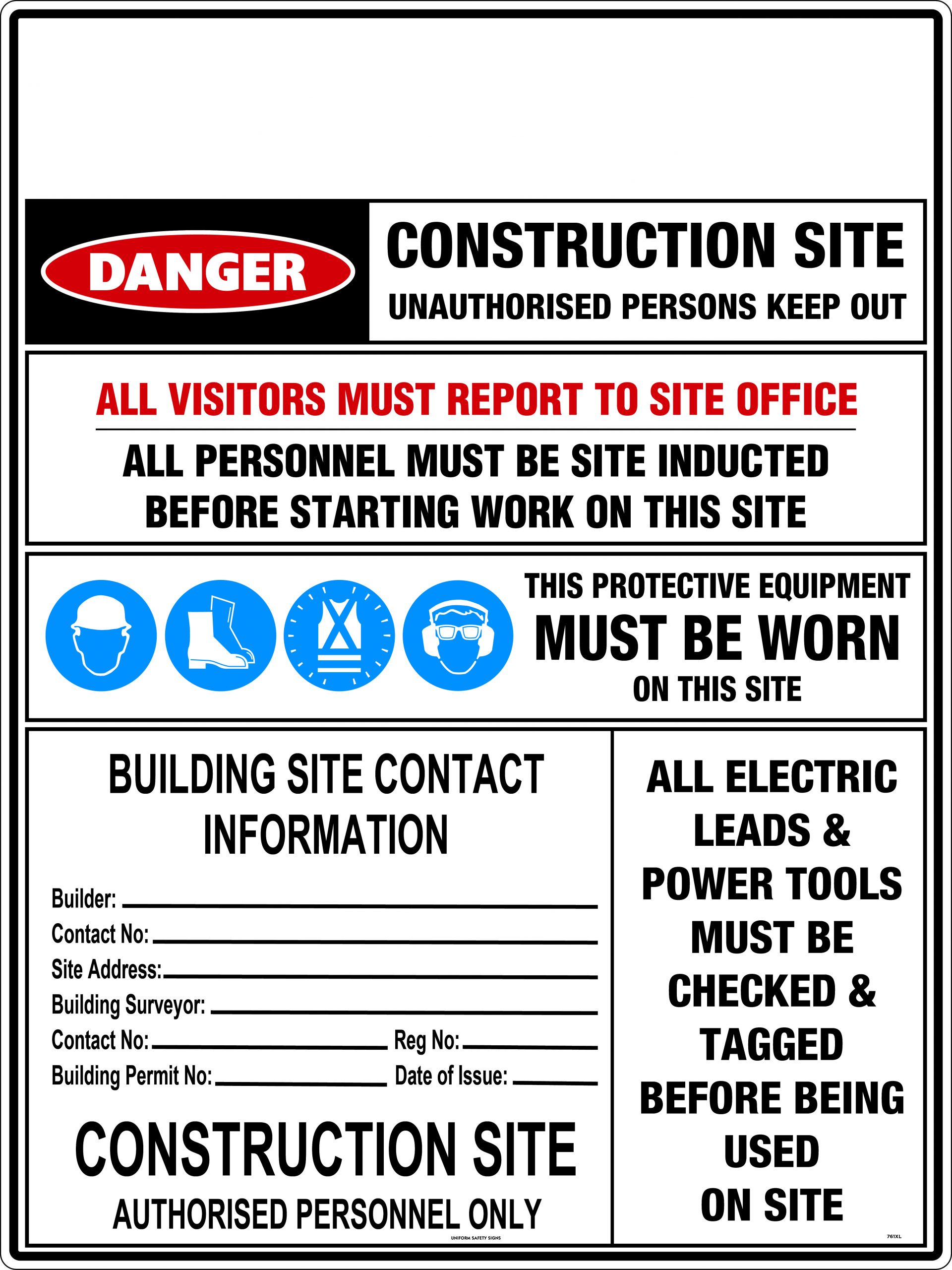 UNIFORM SAFETY 1200X900MM CORFLUTE CONSTRUCTION SITE SAFETY REQ. +INFO