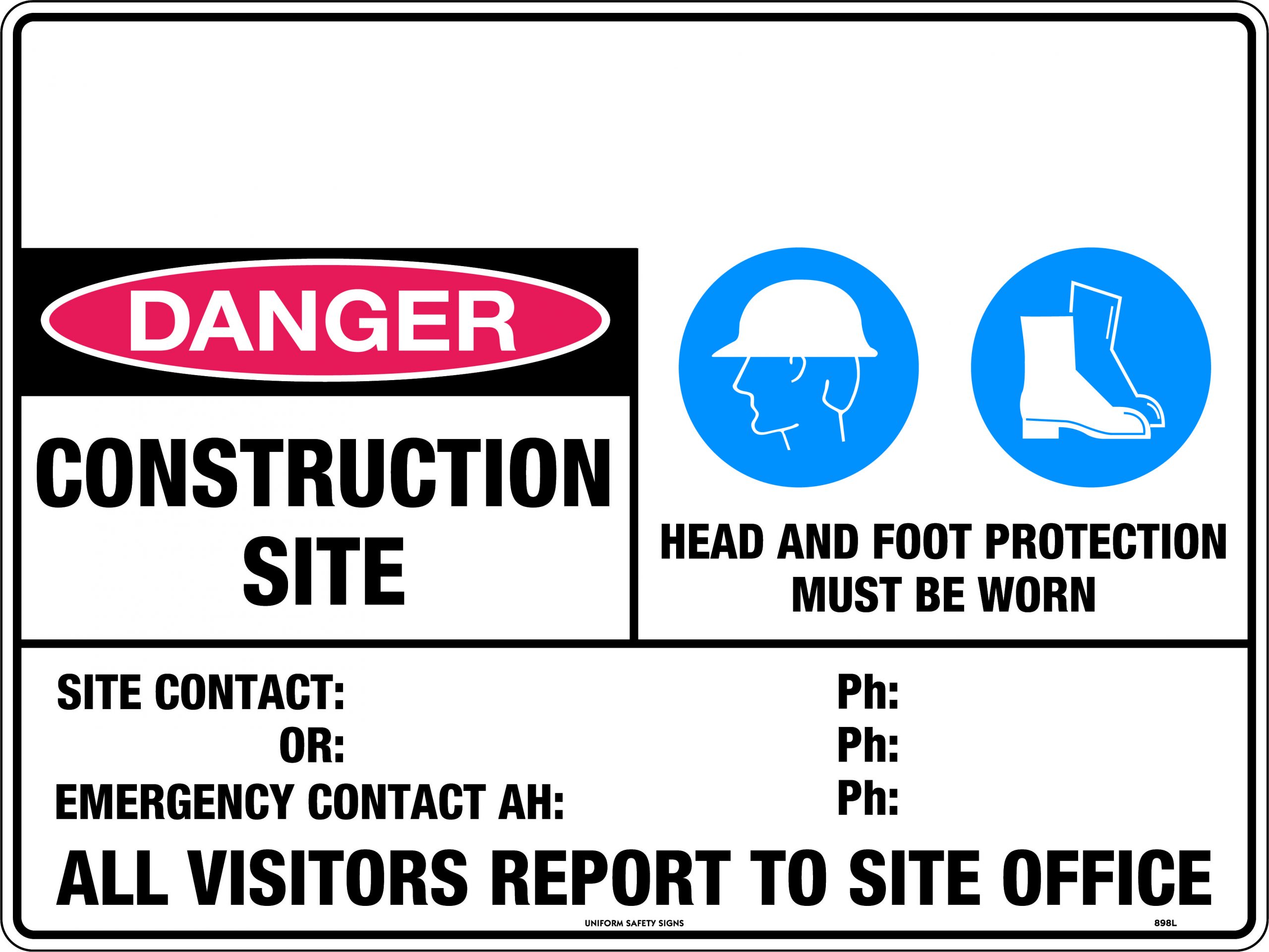 UNIFORM SAFETY 600X450MM POLY DANGER CONSTRUCTION SITE HEAD AND FOOT