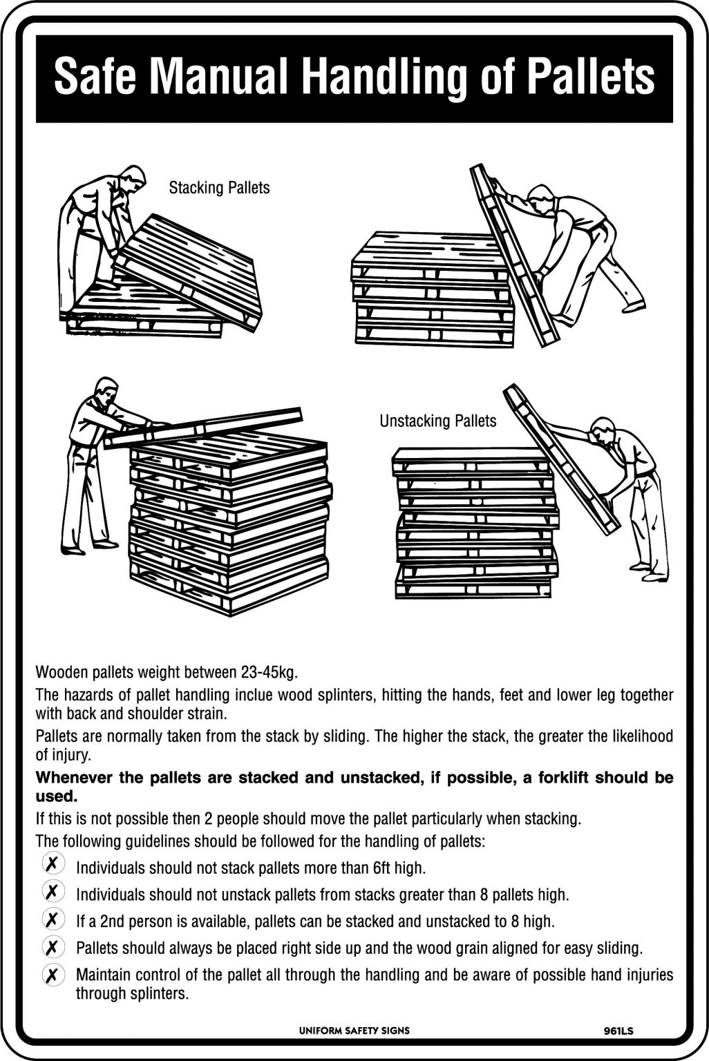 Safe Manual Handling of Pallets General Signs USS