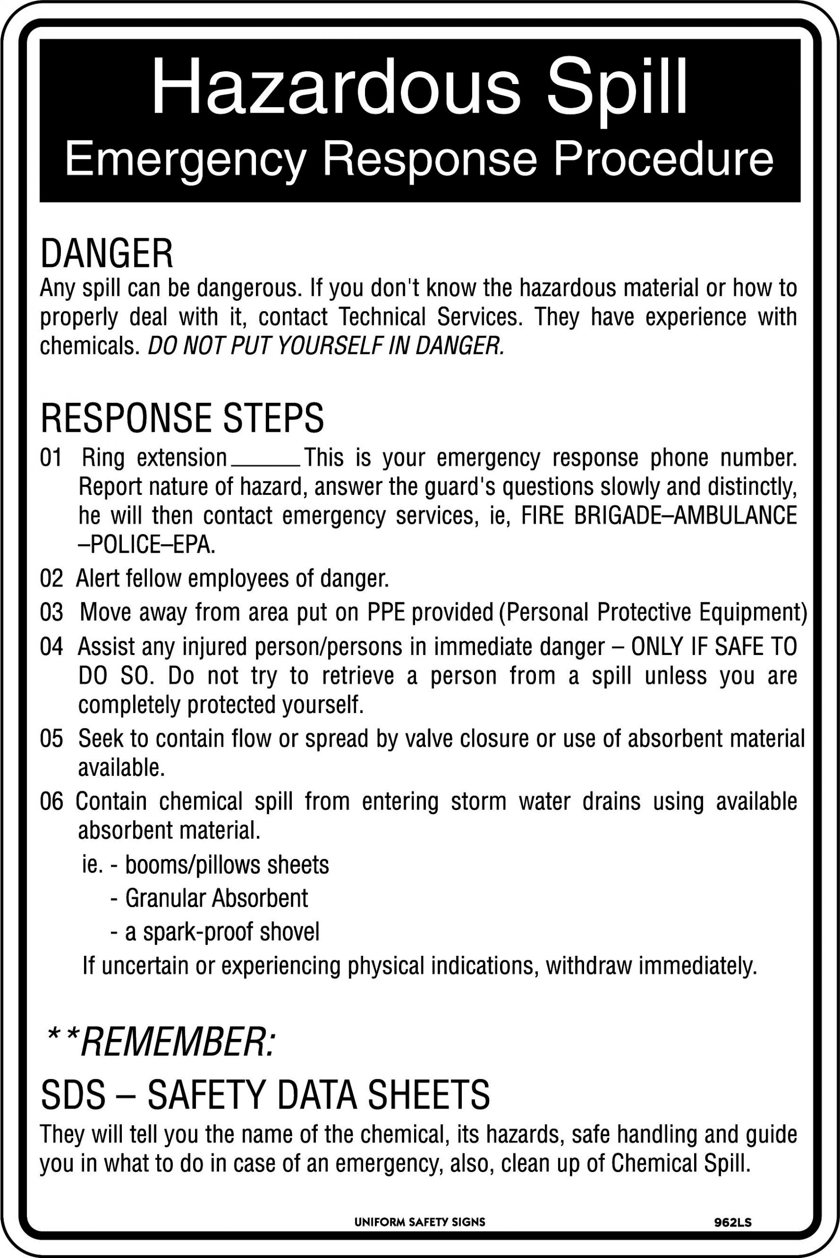 UNIFORM SAFETY 450X300MM POLY HAZARDOUS SPILL EMERGENCY RESPONSE PROCE