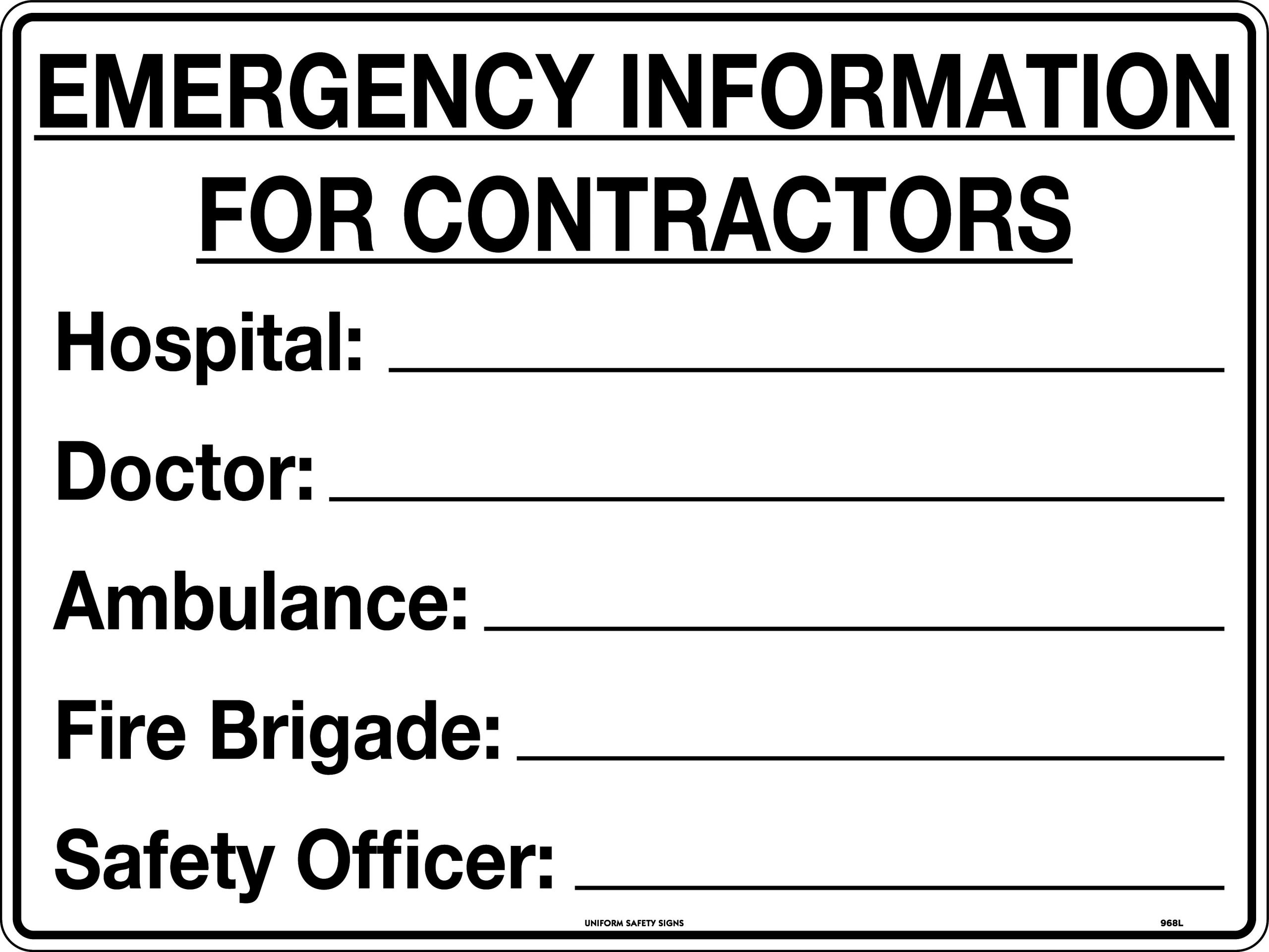 UNIFORM SAFETY 600X450MM CORFLUTE EMERGENCY INFORMATION FOR CONTRACTOR