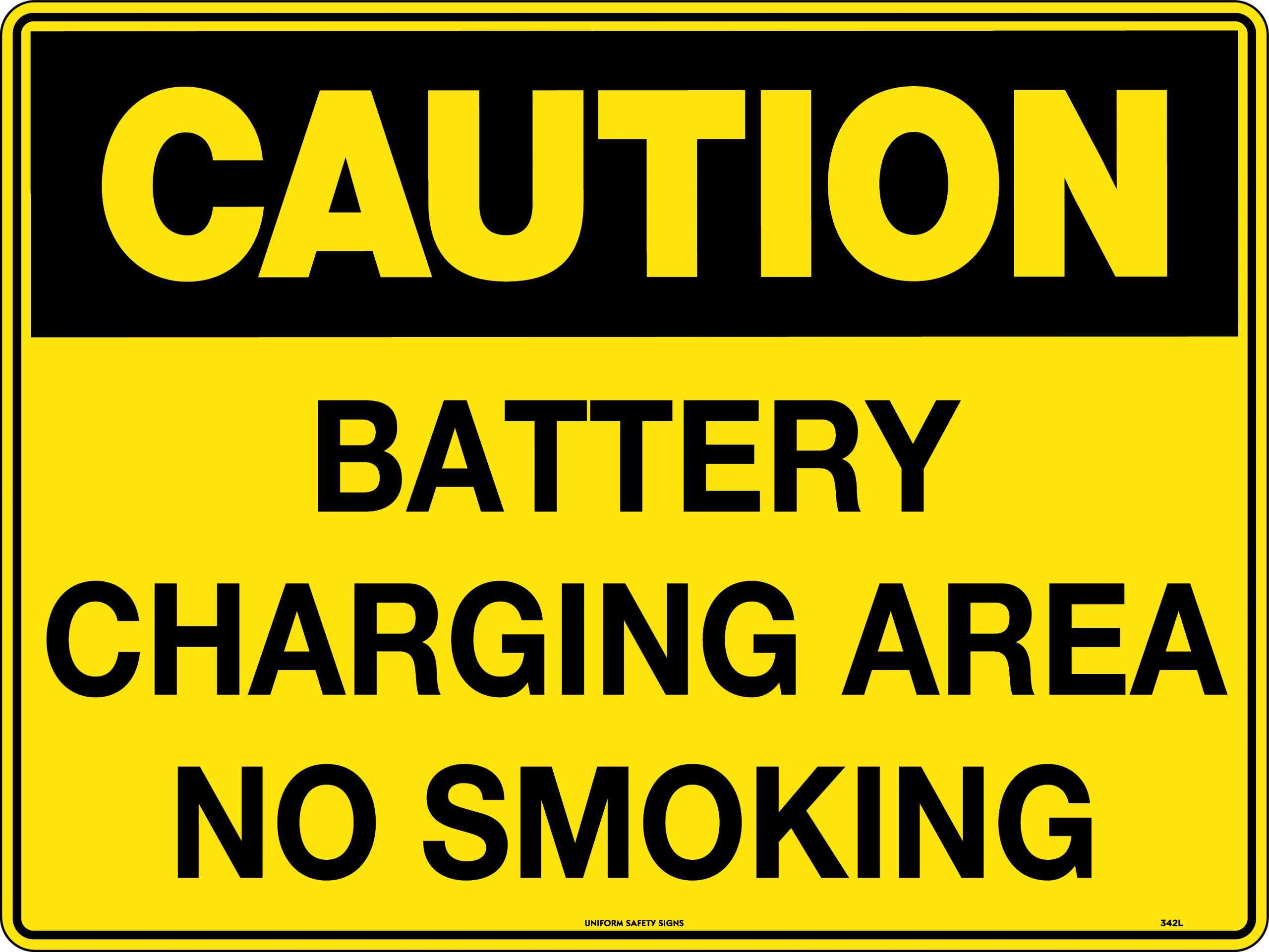 UNIFORM SAFETY 300X225MM METAL CAUTION BATT CHARGING AREA NO SMOKING