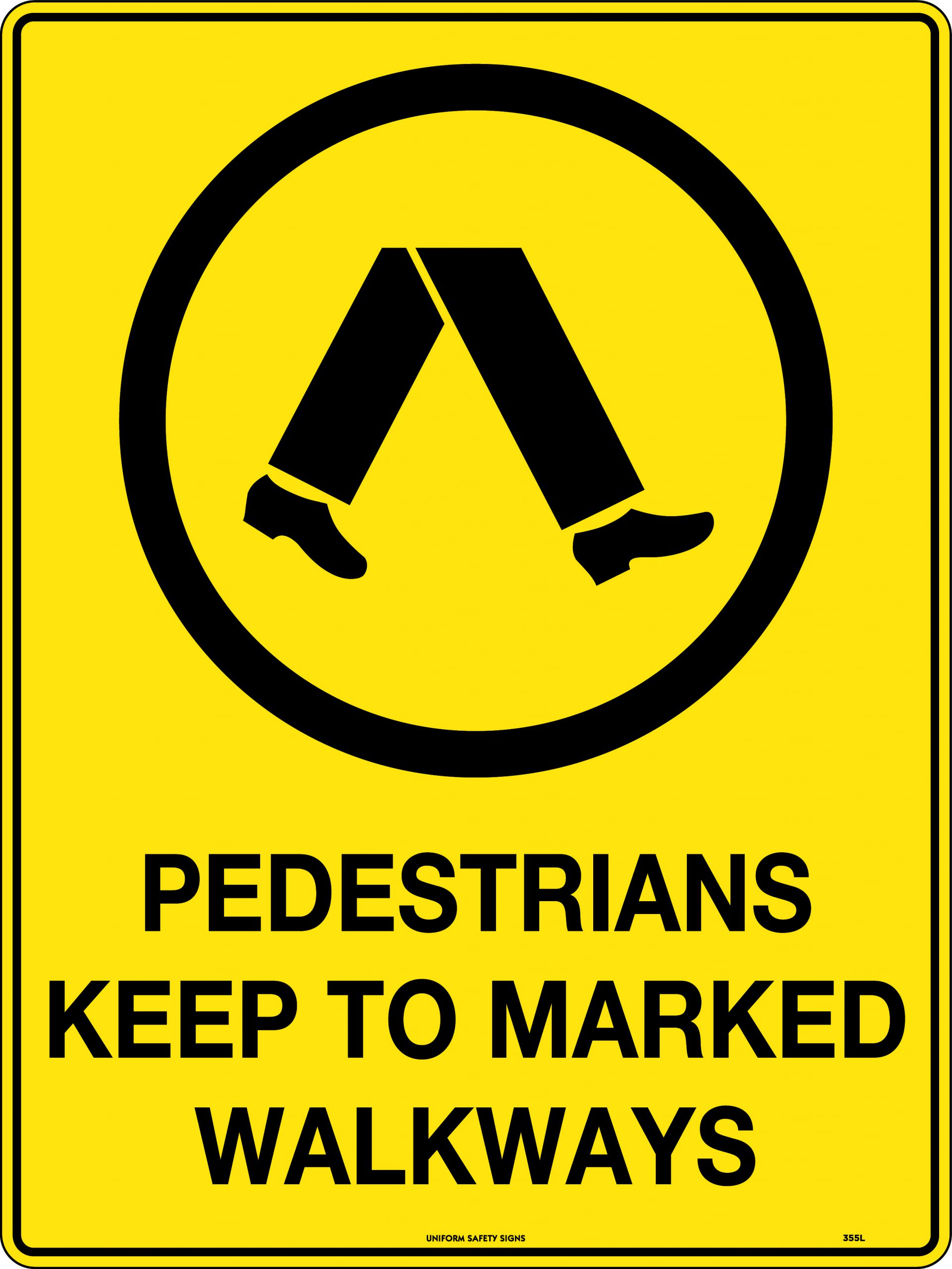 SIGN WARNING PEDESTRIANS KEEP TO MARKED WALKWAYS 450X300 METAL 641W