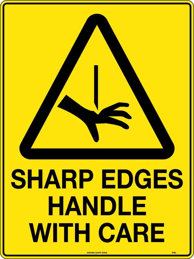 Caution sharp edges handle with care uniform safety signs