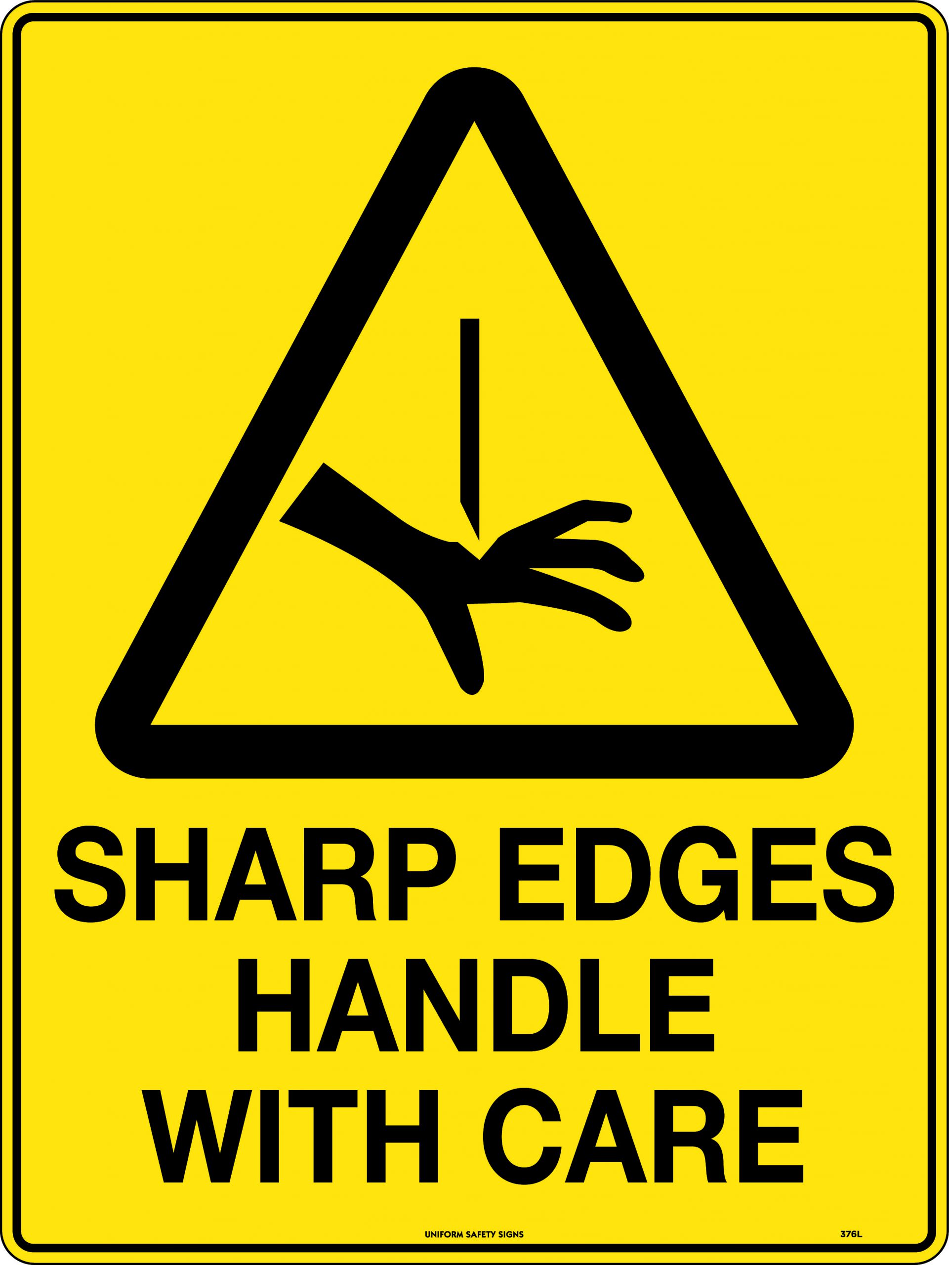 UNIFORM SAFETY 450X300MM POLY CAUTION SHARP EDGES HANDLE WITH CARE