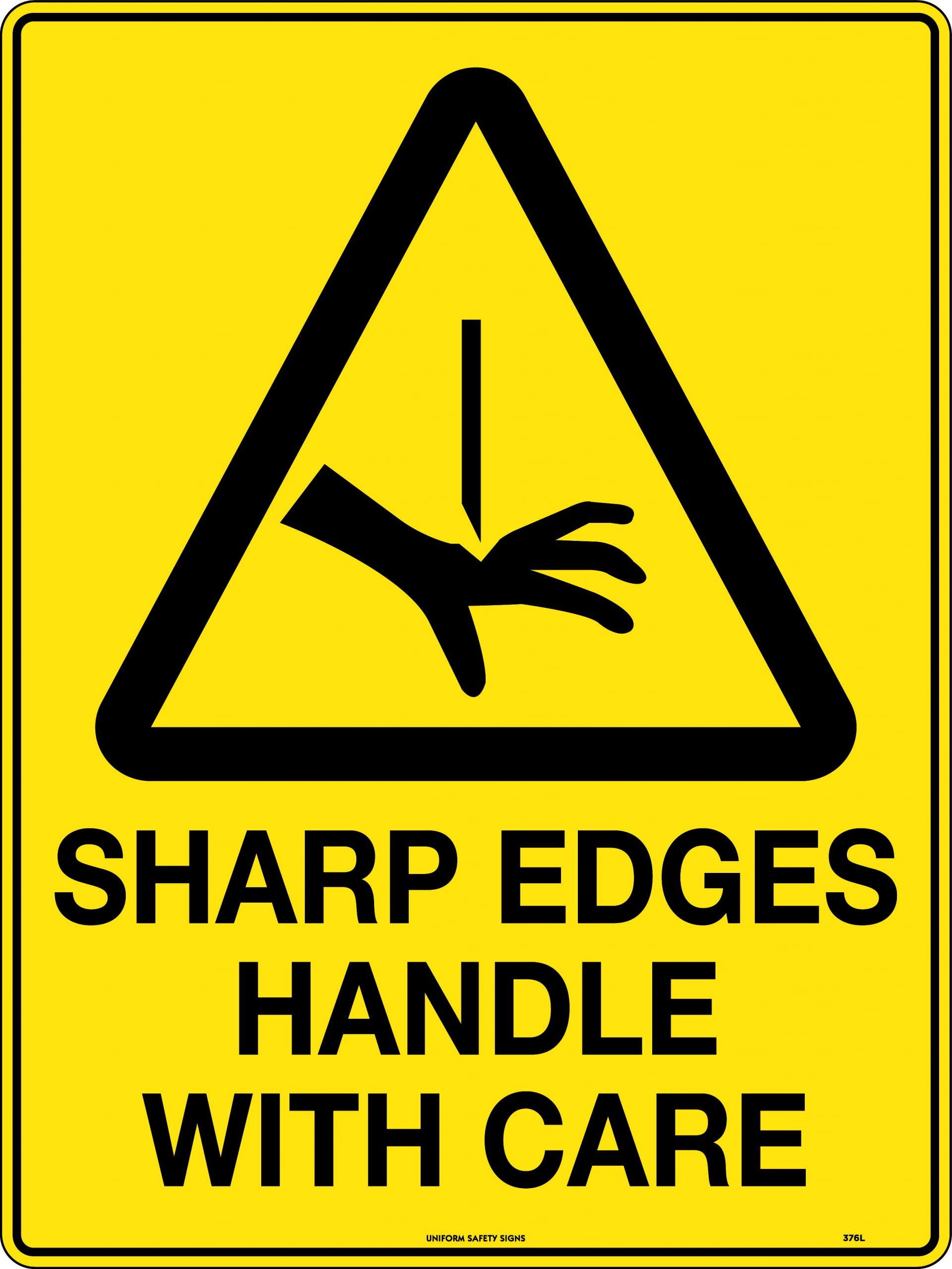 UNIFORM SAFETY 450X300MM METAL CAUTION SHARP EDGES HANDLE WITH CARE