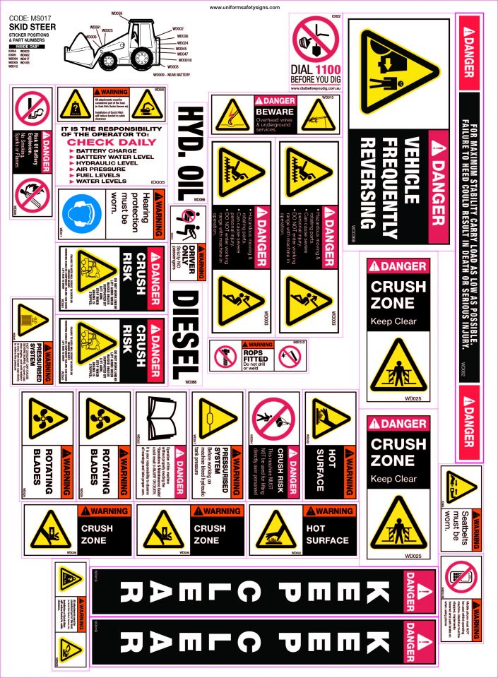 Material Handler Sticker Machinery Sticker Sets - Skid Steer 30 Decals | Safety Signs