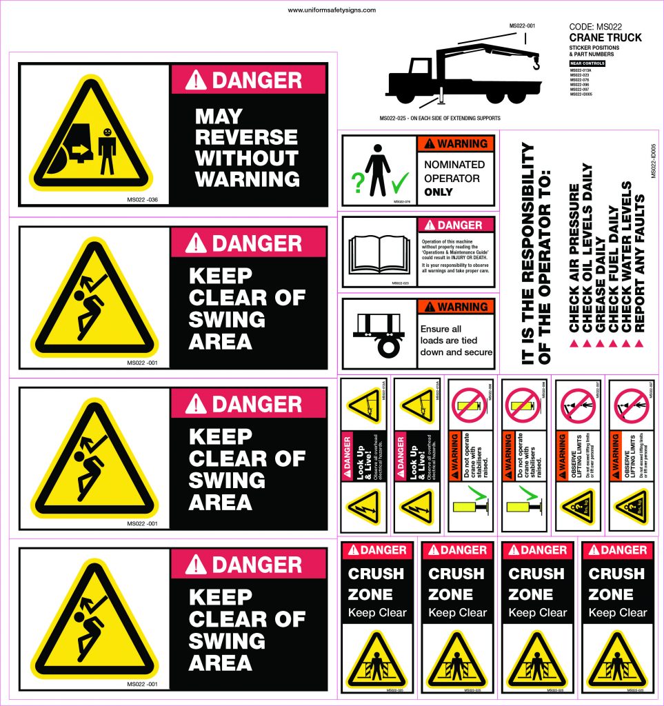 Machinery Sticker Sets Truck Crane (18 Decals) Safety Signs