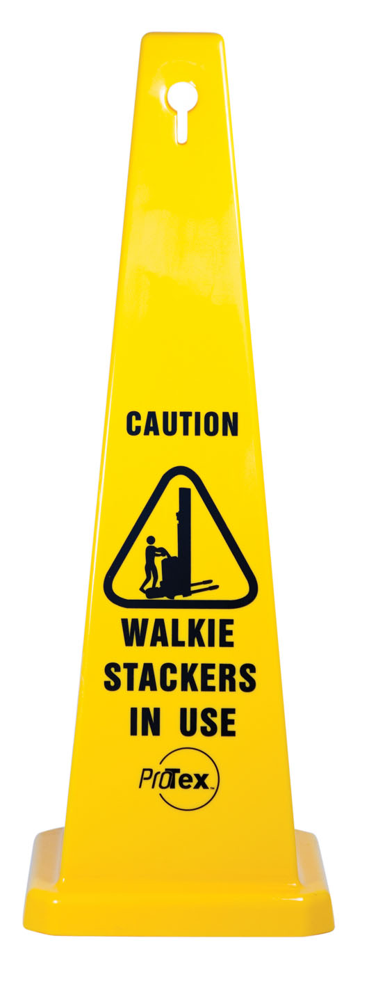 UNIFORM SAFETY 890MM SAFETY CONE CAUTION WALKIE STACKERS IN USE